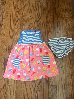 Baby Boden Pink Ice Cream & Stripe Dress with Blue Stripe Bloomers 6-9m